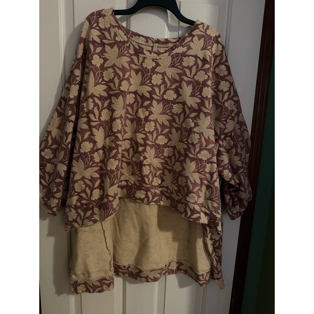 Magnolia Pearl Floral Sweatshirt Burgundy Cream Oversized High Low Boho Pullover